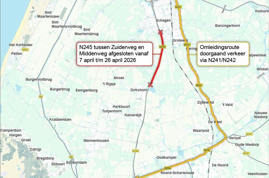 Afsluiting N245 in april: werkzaamheden voor nieuwe woonwijk Kiem van Skagen